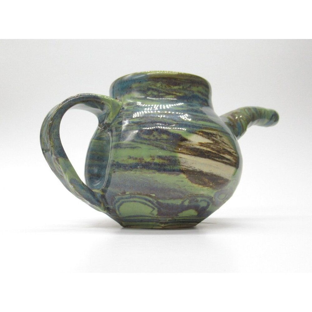 Handmade Ceramic Teapot Artisan Handle & Abstract Green Blue Swirl Glaze Signed